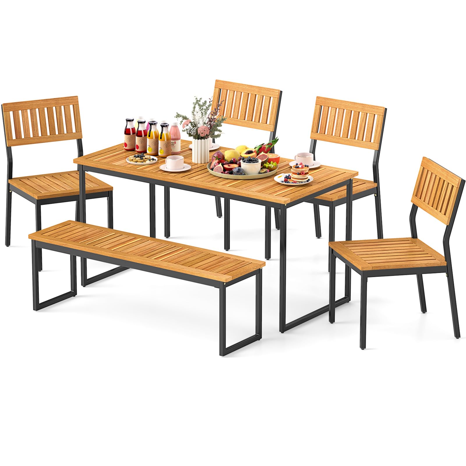 Tangkula Ensemble de salle à manger d'extérieur 6 pièces en bois d'acacia